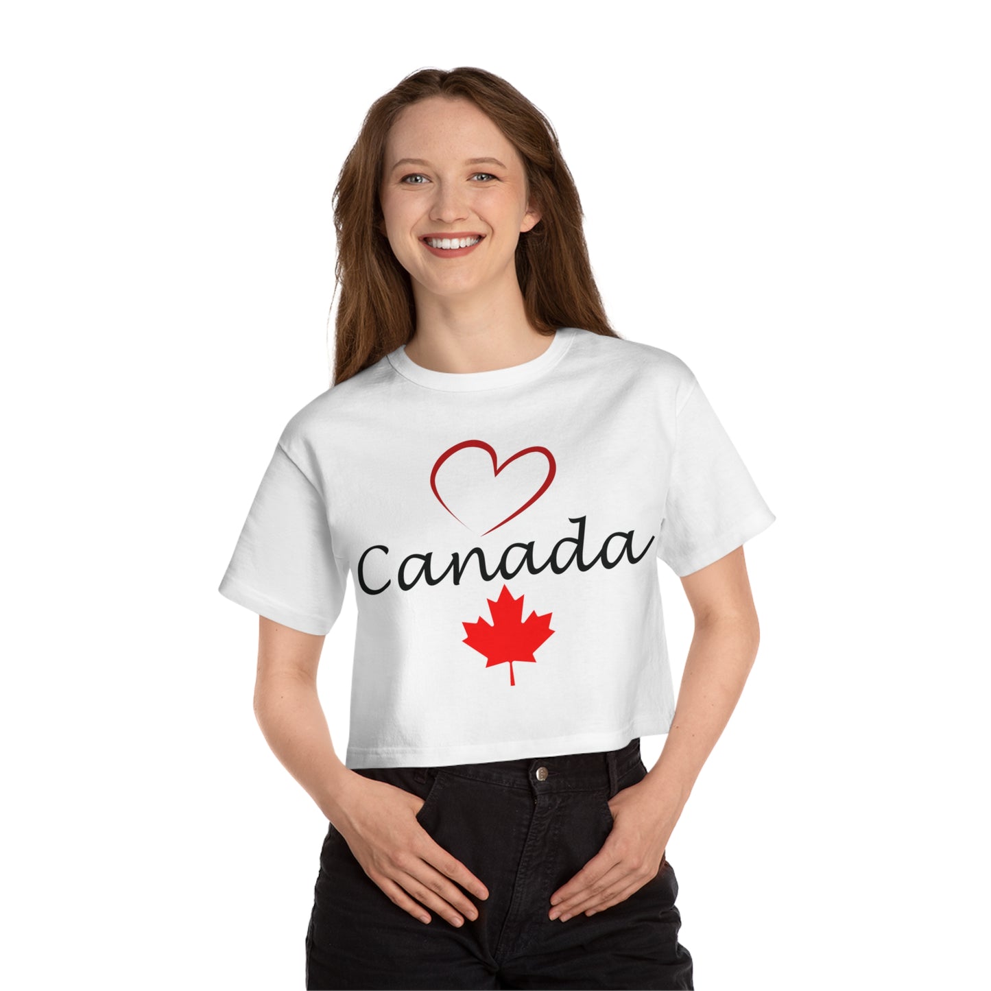 Champion Women's Heritage Cropped T-Shirt with Love Canada Design, with Red Heart, Canada, and Red Maple Leaf