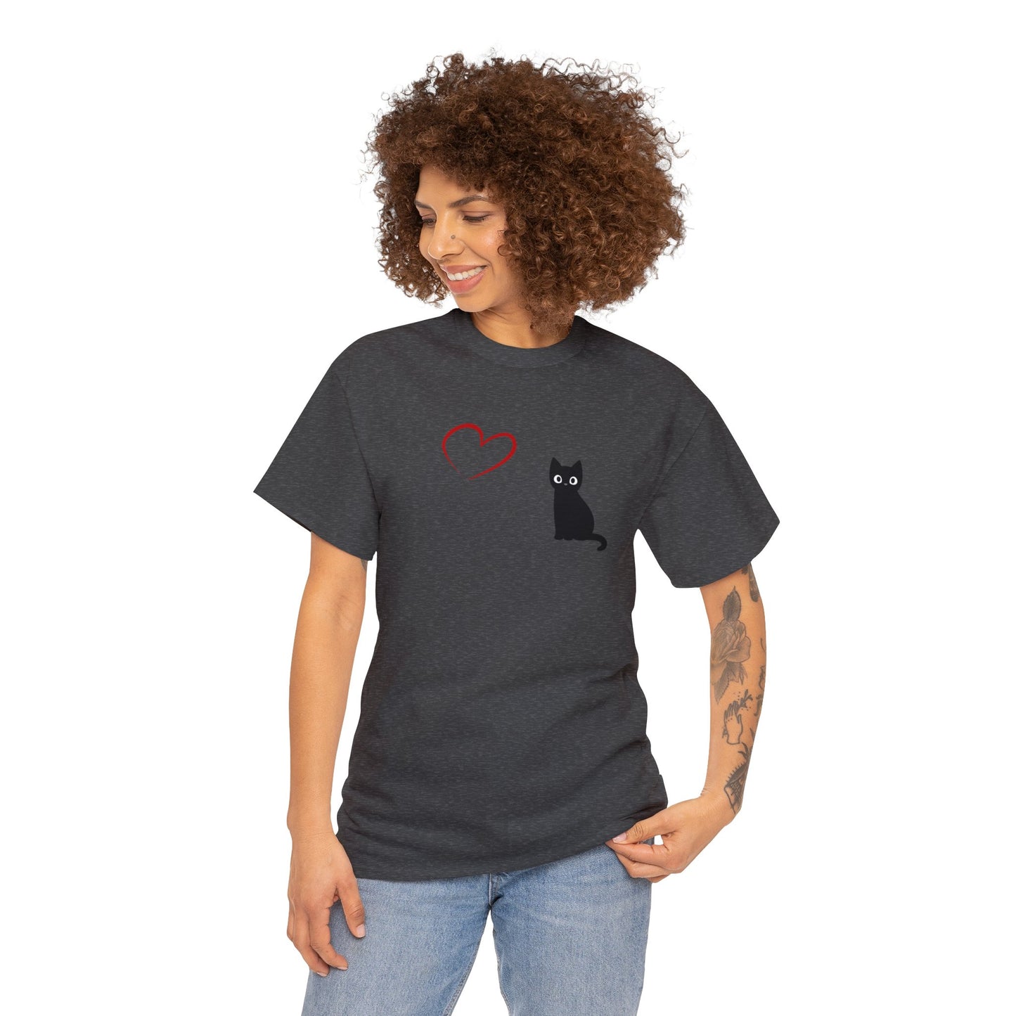 Adult Size Black Cartoon Cat with Red Heart Design, Unisex Heavy Cotton Tee