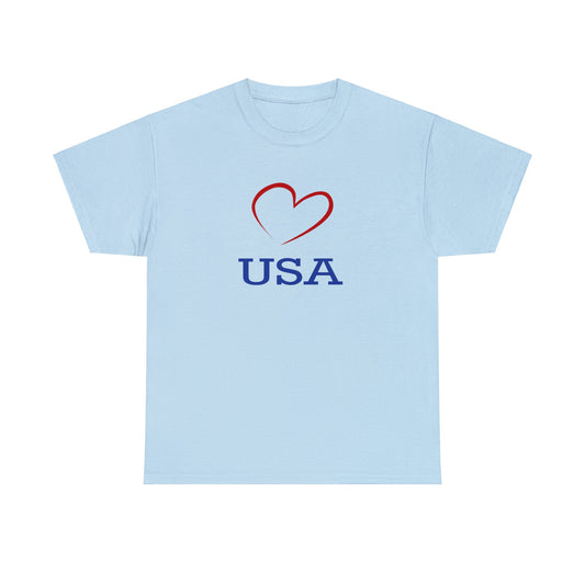 Unisex Heavy Cotton Tee with Red Heart and I Love USA Design