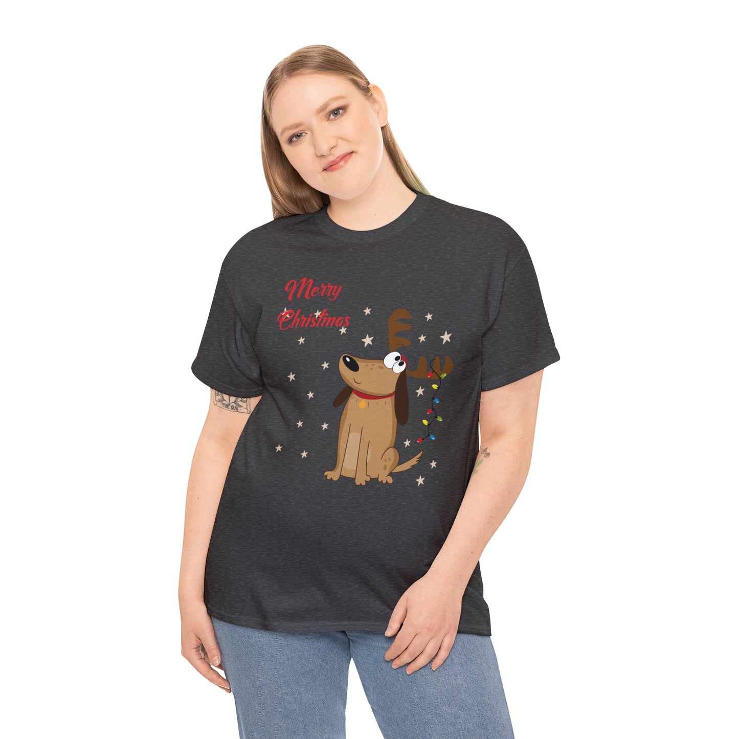 Adult Size Fun Holiday Dog Reindeer saying "Merry Christmas & Happy New Year" with Holiday Lights and Snowflakes, Unisex Heavy Cotton Tee