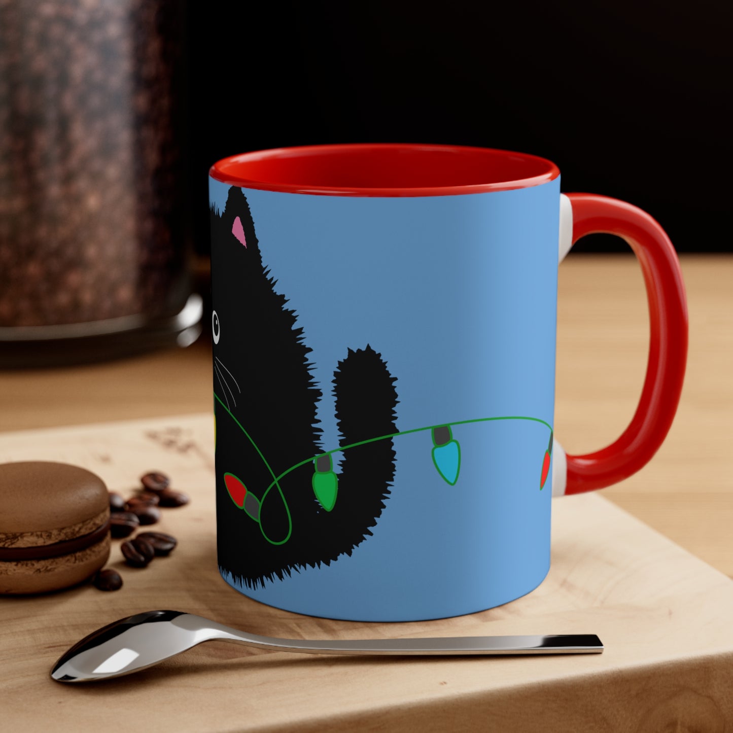 Adorable Cartoon Black Fluffy Cat with Christmas Lights Accent Coffee Mug, 11oz