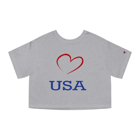 Copy of Champion Women's Heritage Cropped T-Shirt with Love USA Design, with Red Heart, USA