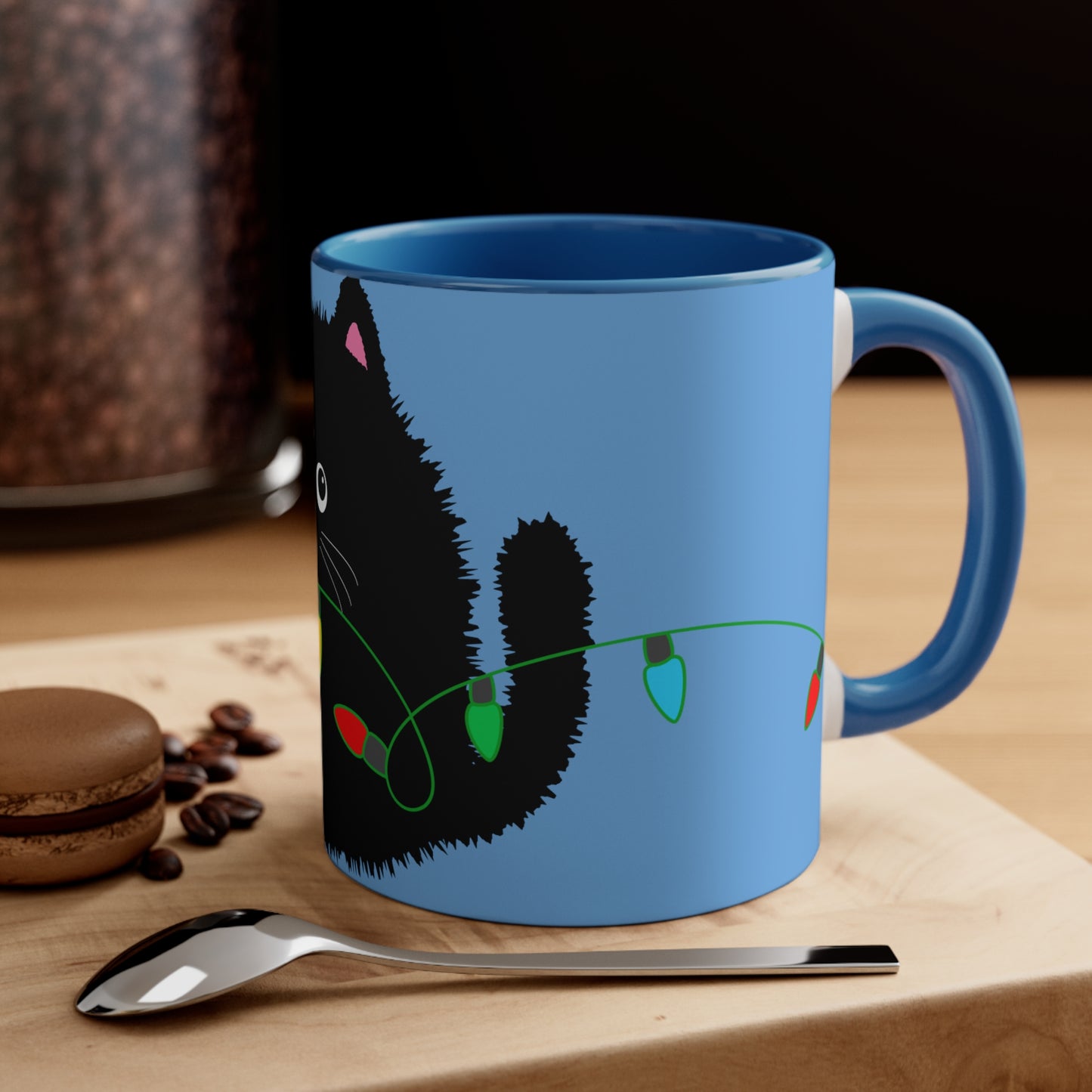 Adorable Cartoon Black Fluffy Cat with Christmas Lights Accent Coffee Mug, 11oz