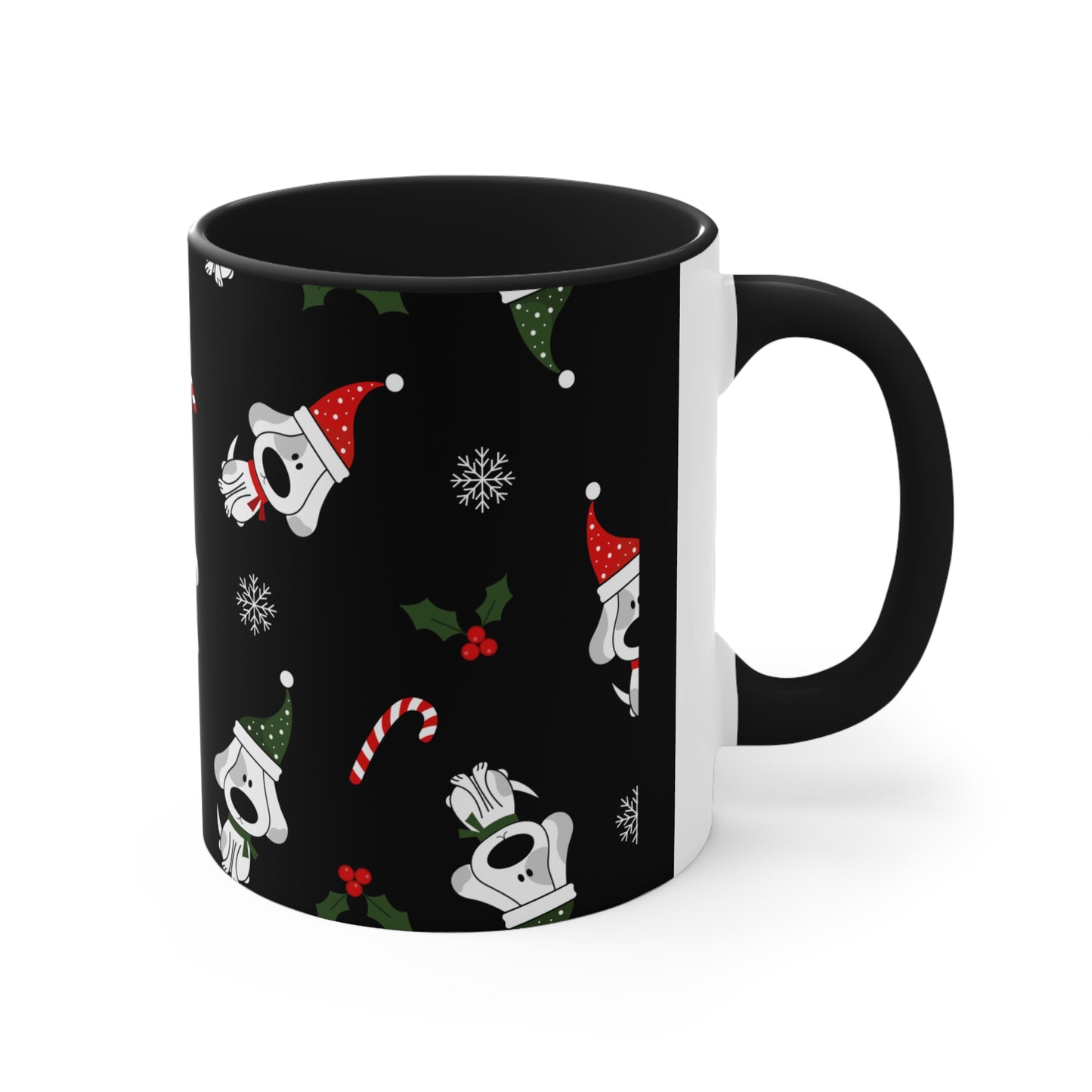 Christmas Coffee Mug with Fun Dog Design, Santa Hat, Candy Canes and Snow Flakes, 11oz