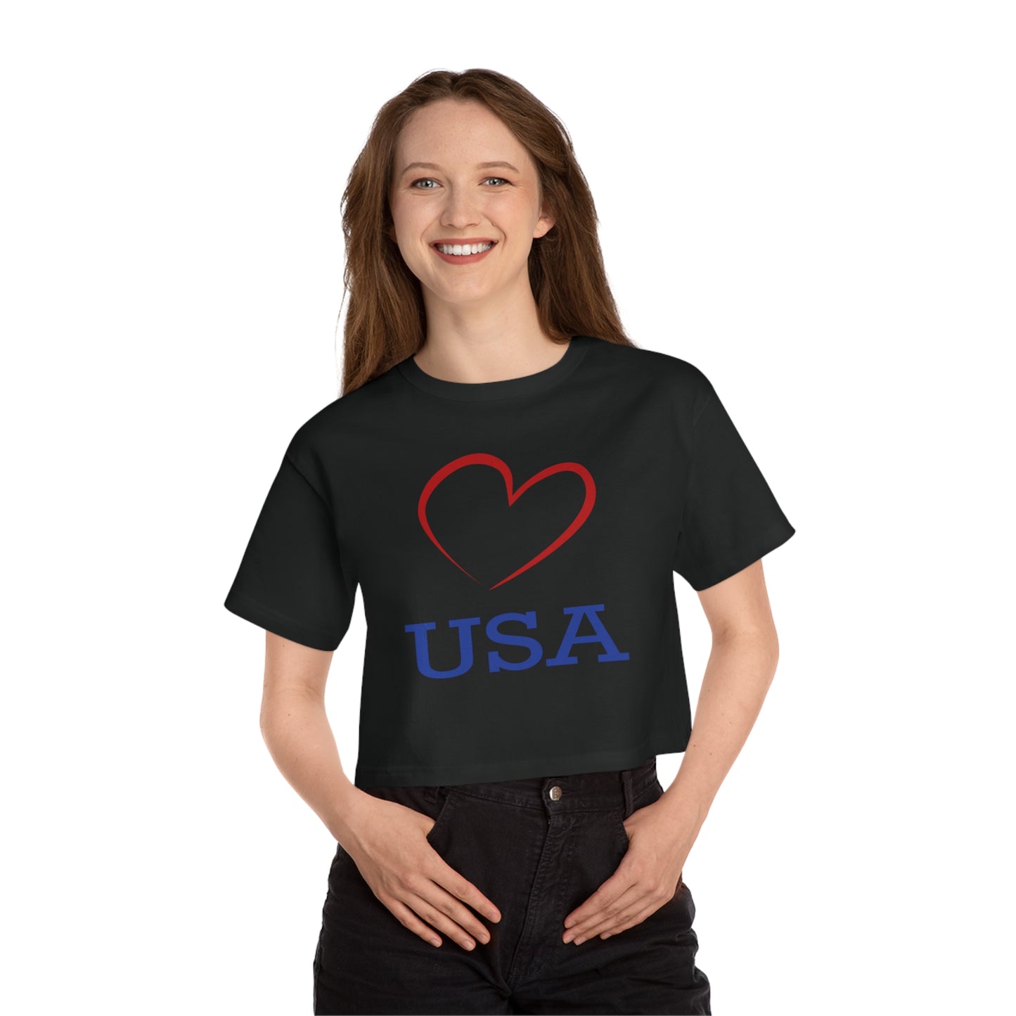 Copy of Champion Women's Heritage Cropped T-Shirt with Love USA Design, with Red Heart, USA