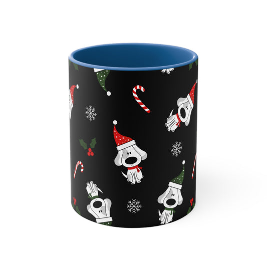 Christmas Coffee Mug with Fun Dog Design, Santa Hat, Candy Canes and Snow Flakes, 11oz