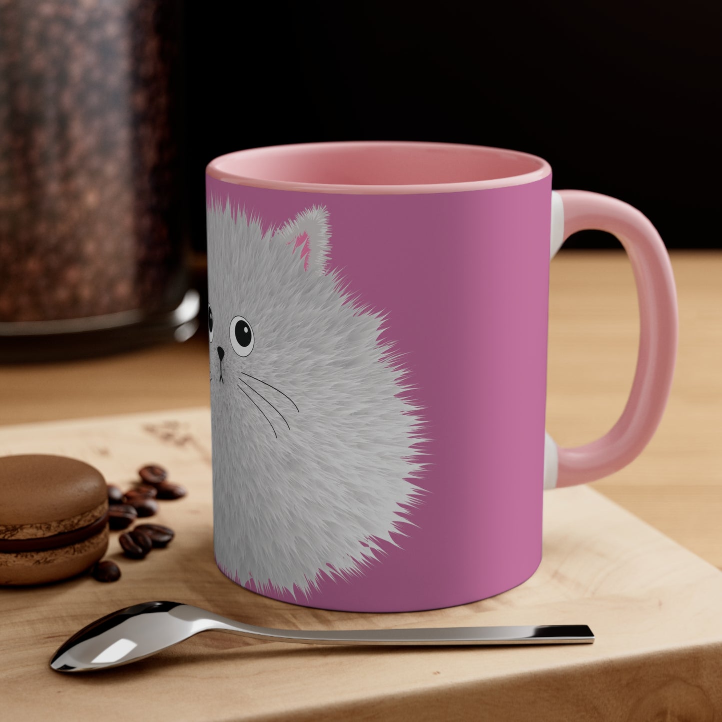 Coffee Mug with Cute Fluffy White Cartoon Cat Design, 11oz