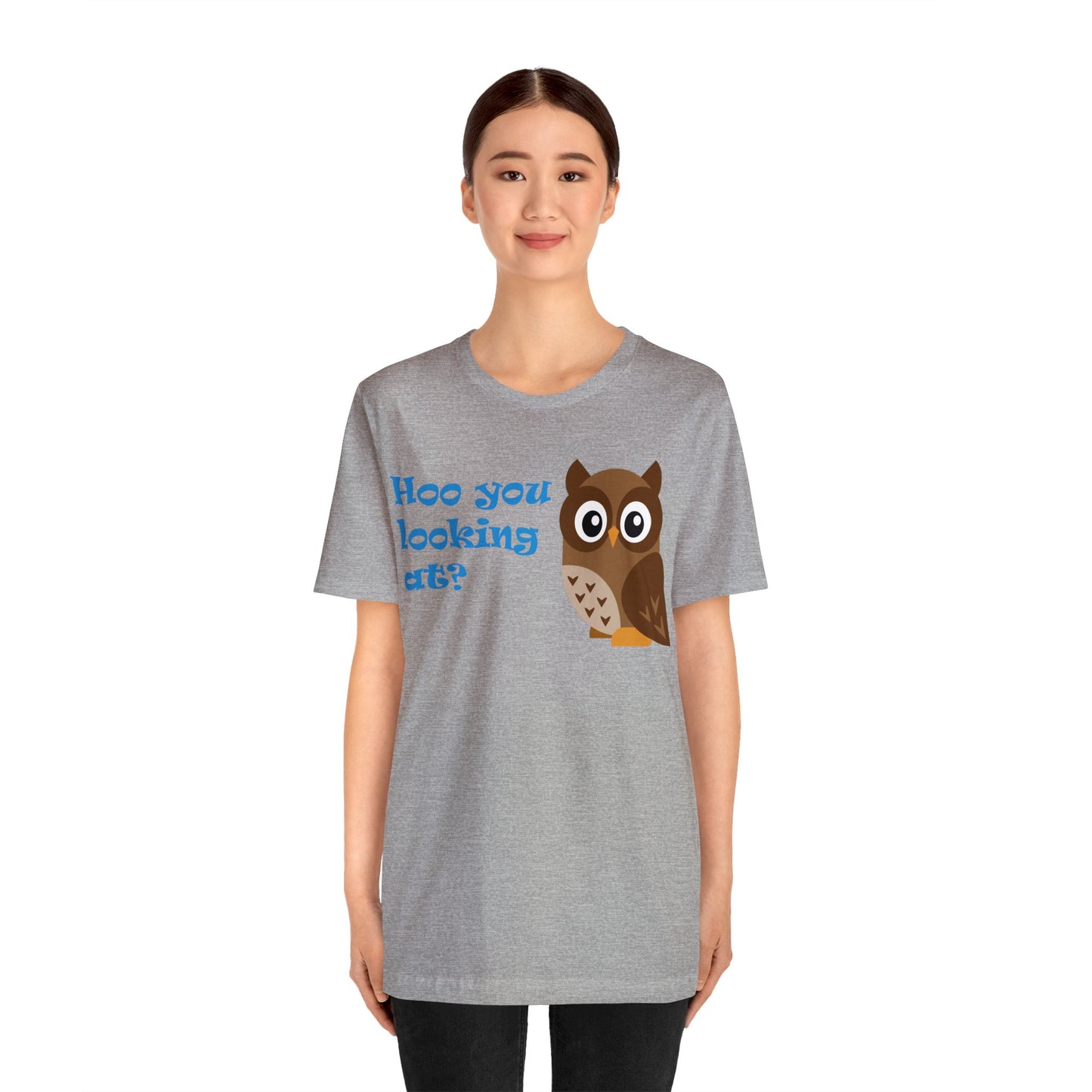 Adult Size Unisex Jersey Short Sleeve Tee with Cute Cartoon Owl saying "Hoo you looking at?"