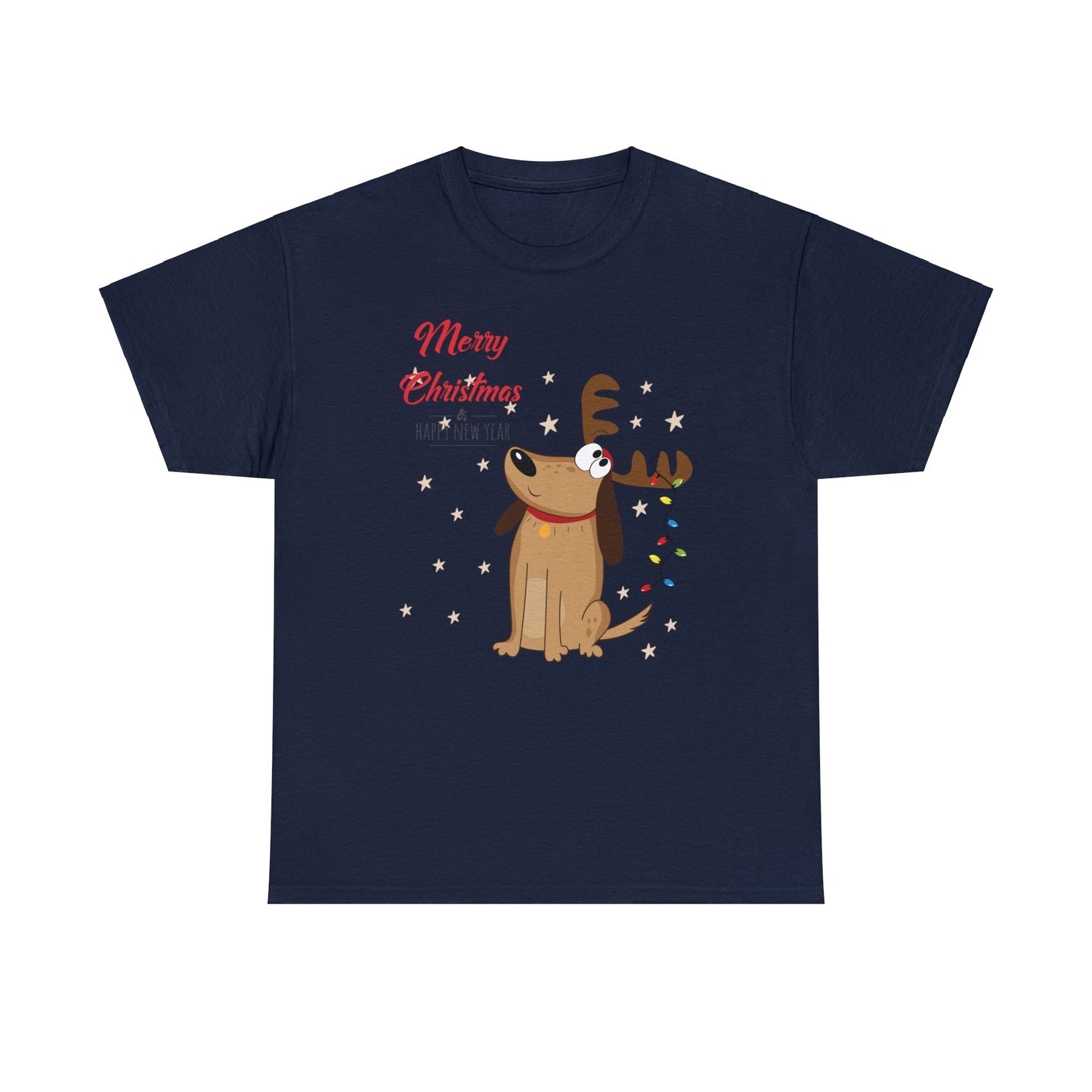 Adult Size Fun Holiday Dog Reindeer saying "Merry Christmas & Happy New Year" with Holiday Lights and Snowflakes, Unisex Heavy Cotton Tee