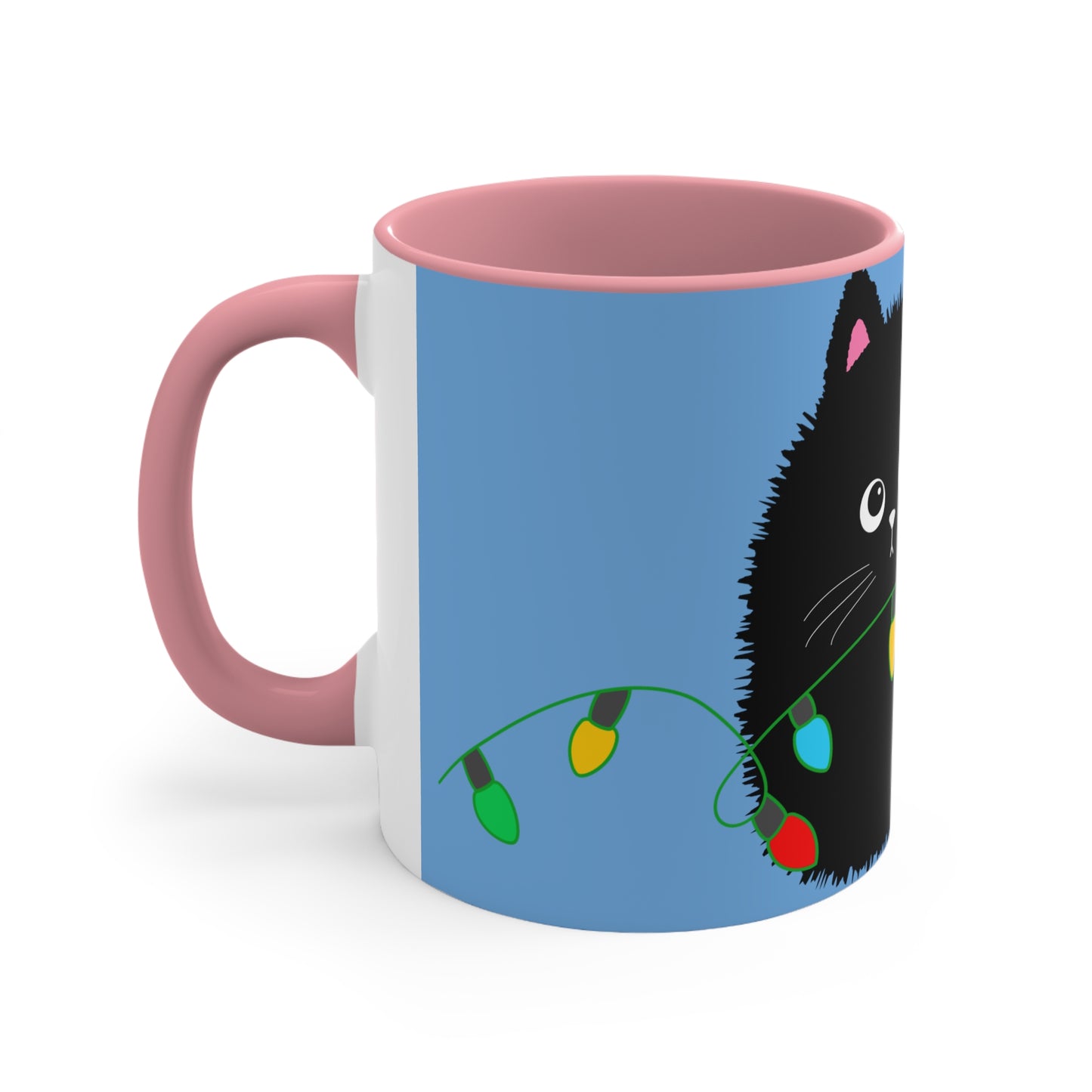 Adorable Cartoon Black Fluffy Cat with Christmas Lights Accent Coffee Mug, 11oz