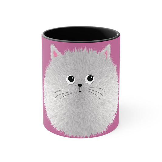 Coffee Mug with Cute Fluffy White Cartoon Cat Design, 11oz