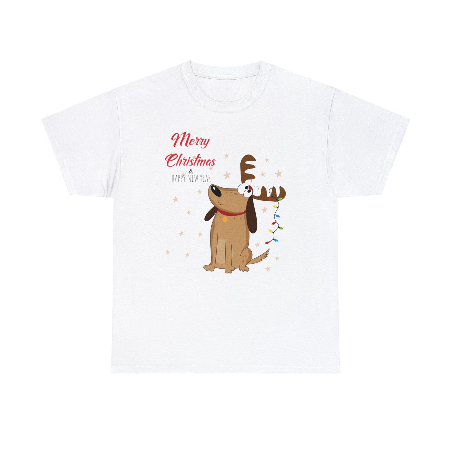 Adult Size Fun Holiday Dog Reindeer saying "Merry Christmas & Happy New Year" with Holiday Lights and Snowflakes, Unisex Heavy Cotton Tee