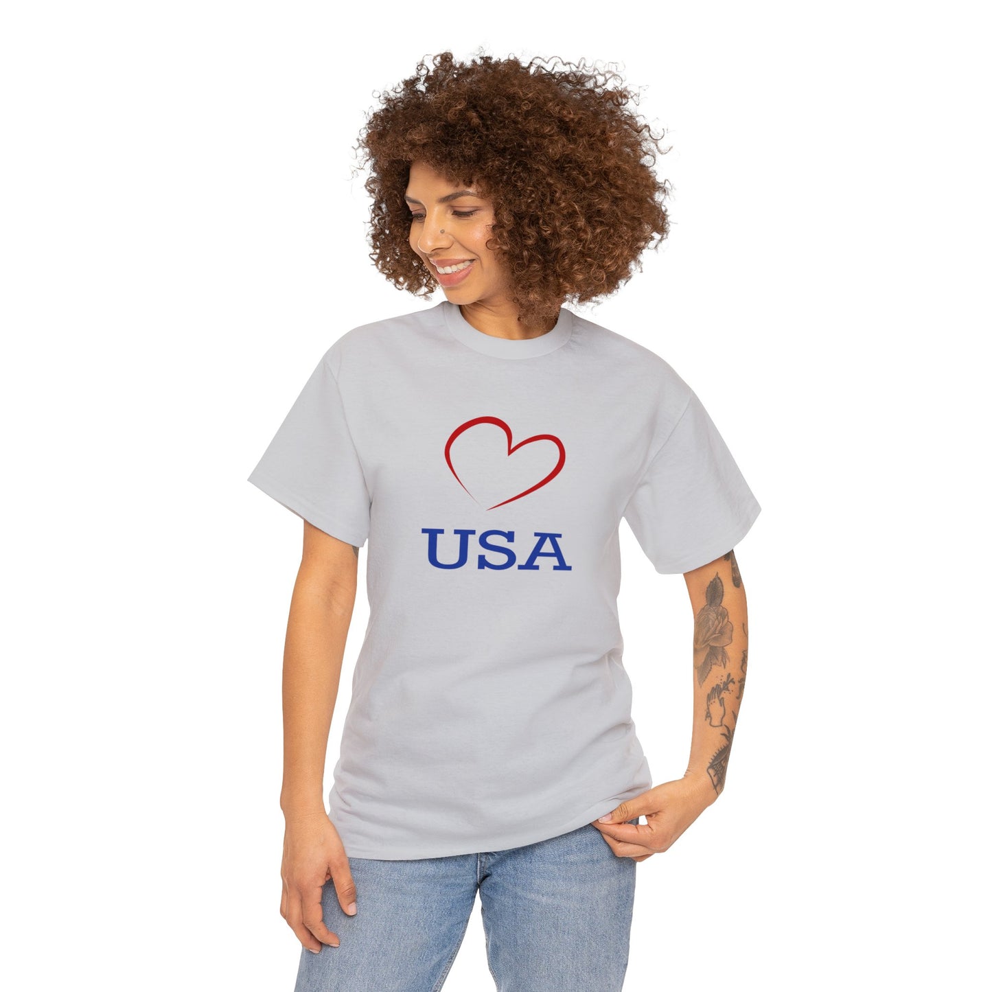 Unisex Heavy Cotton Tee with Red Heart and I Love USA Design