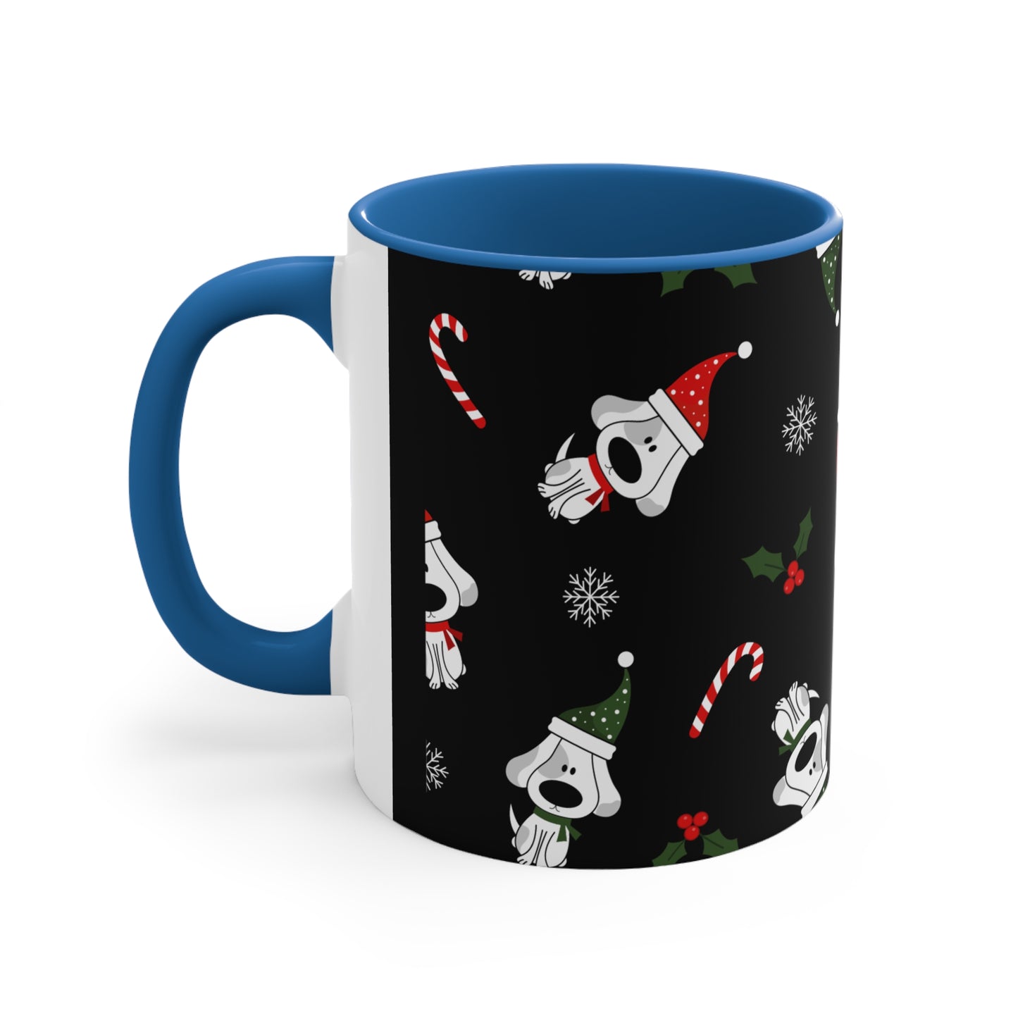 Christmas Coffee Mug with Fun Dog Design, Santa Hat, Candy Canes and Snow Flakes, 11oz