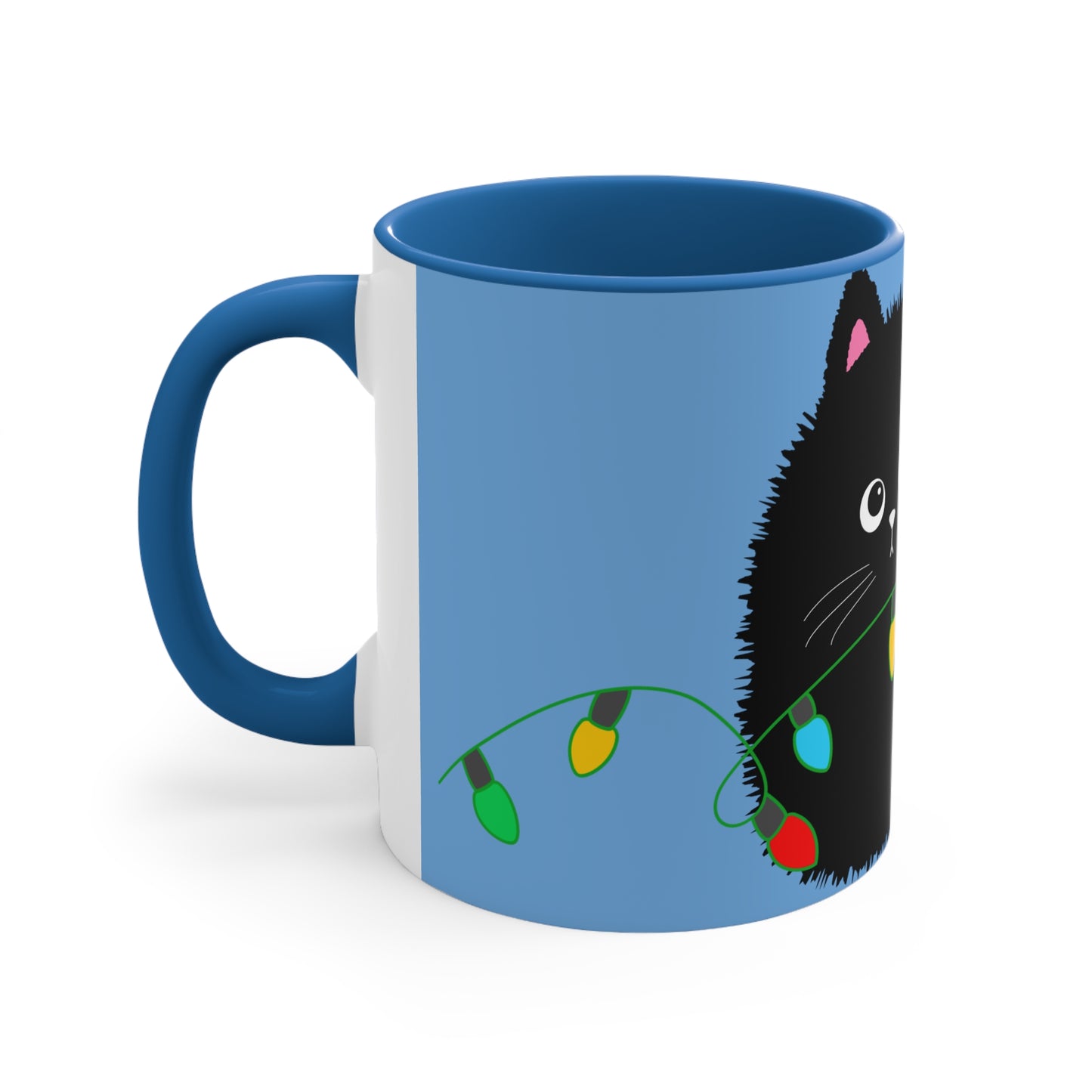 Adorable Cartoon Black Fluffy Cat with Christmas Lights Accent Coffee Mug, 11oz