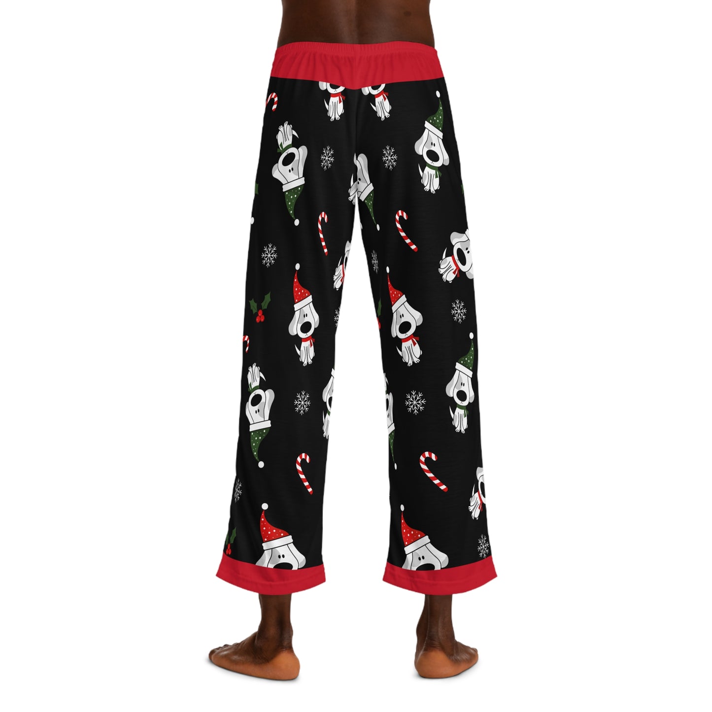 Men's Pajama Pants, Fun Christmas Dog Design with Santa Hat, Candy Canes and Snow Flakes