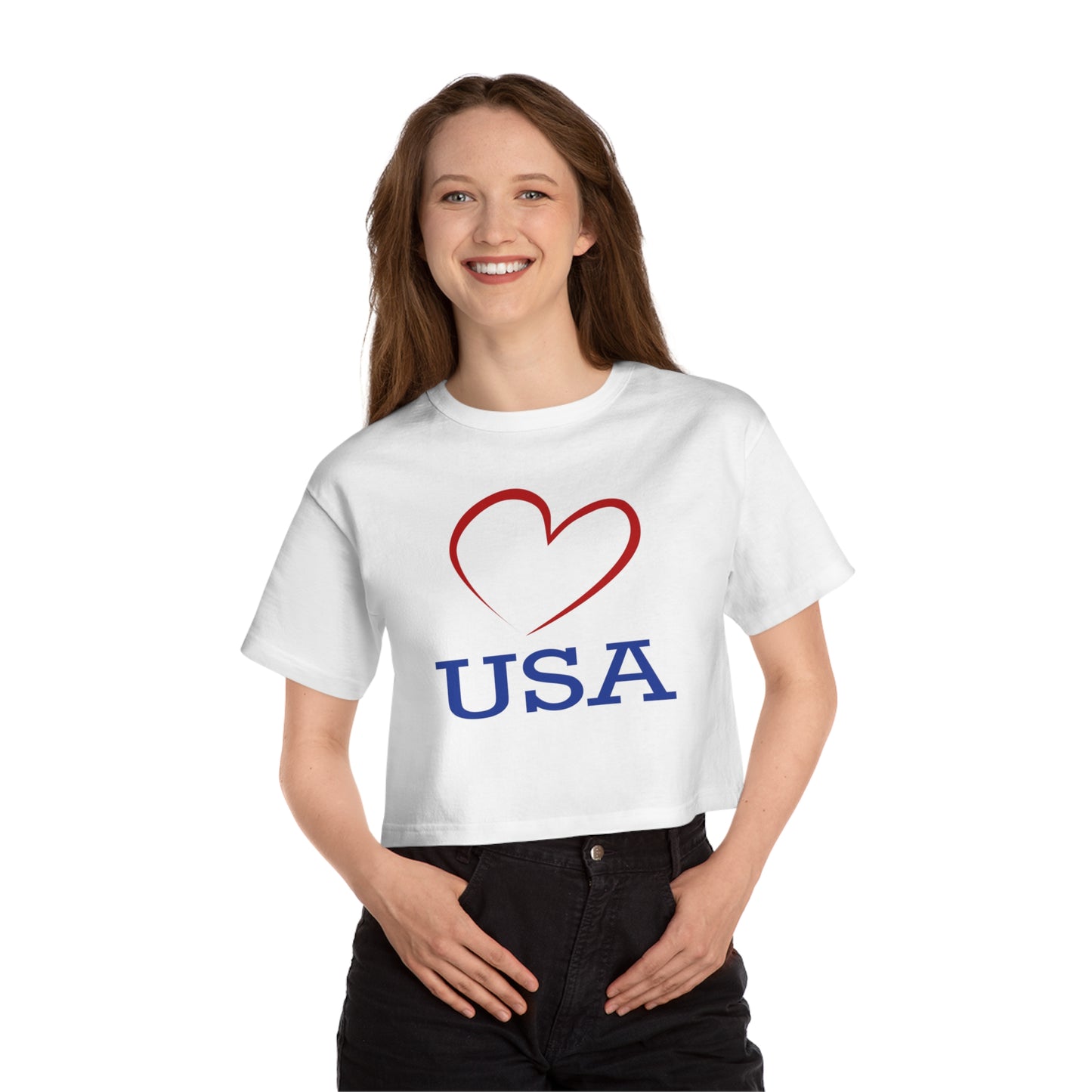 Copy of Champion Women's Heritage Cropped T-Shirt with Love USA Design, with Red Heart, USA