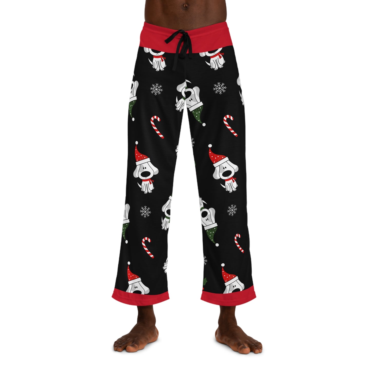 Men's Pajama Pants, Fun Christmas Dog Design with Santa Hat, Candy Canes and Snow Flakes