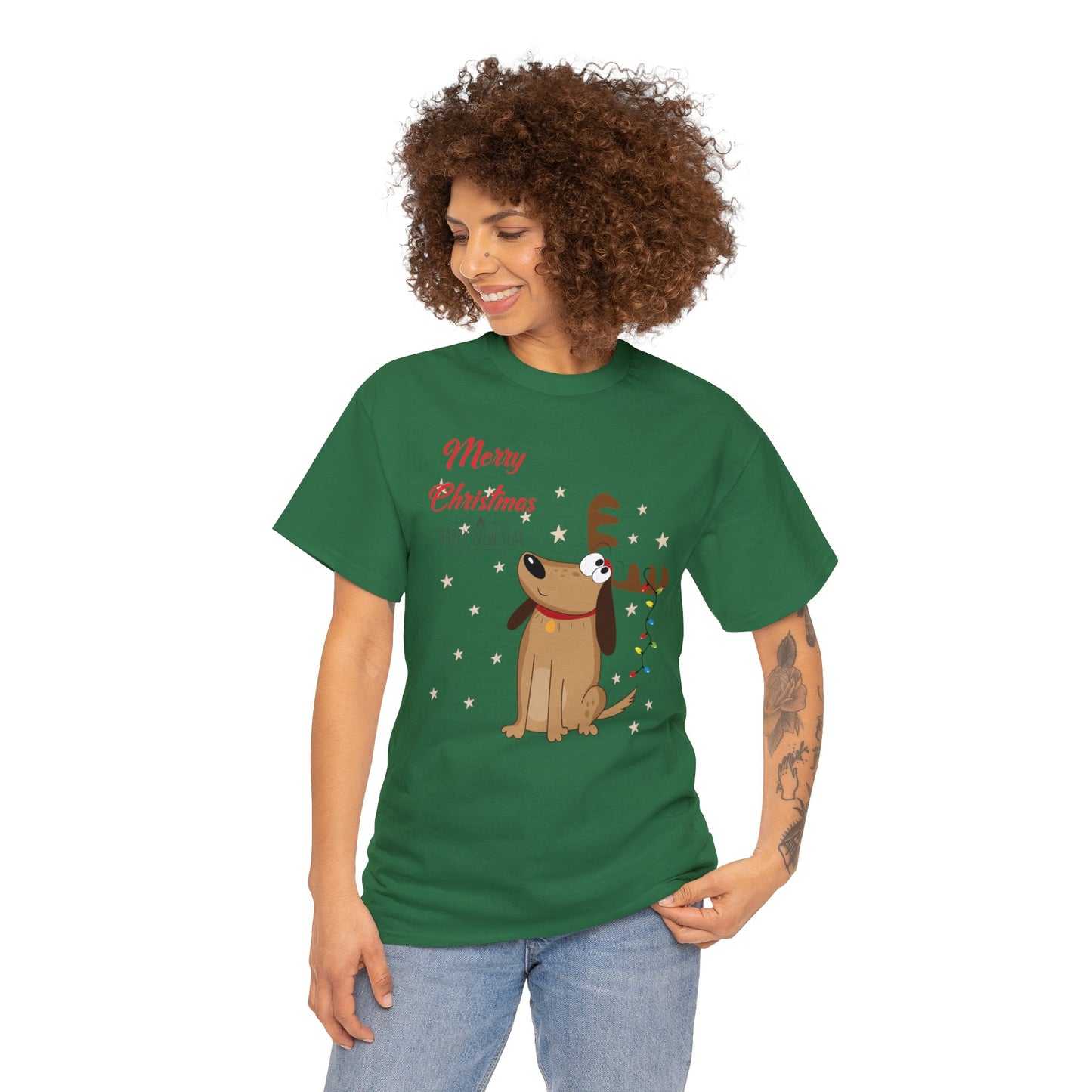 Adult Size Fun Holiday Dog Reindeer saying "Merry Christmas & Happy New Year" with Holiday Lights and Snowflakes, Unisex Heavy Cotton Tee