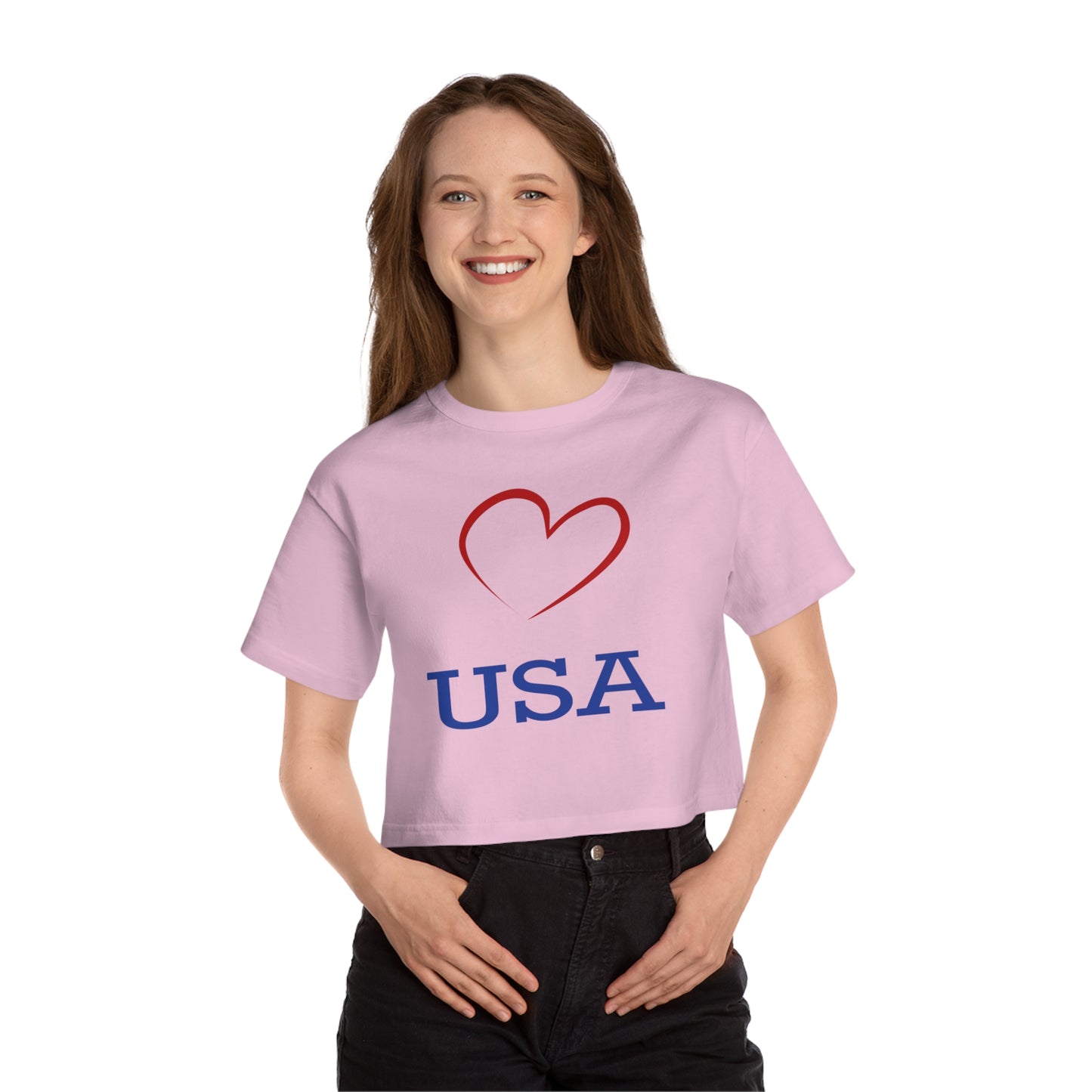 Copy of Champion Women's Heritage Cropped T-Shirt with Love USA Design, with Red Heart, USA