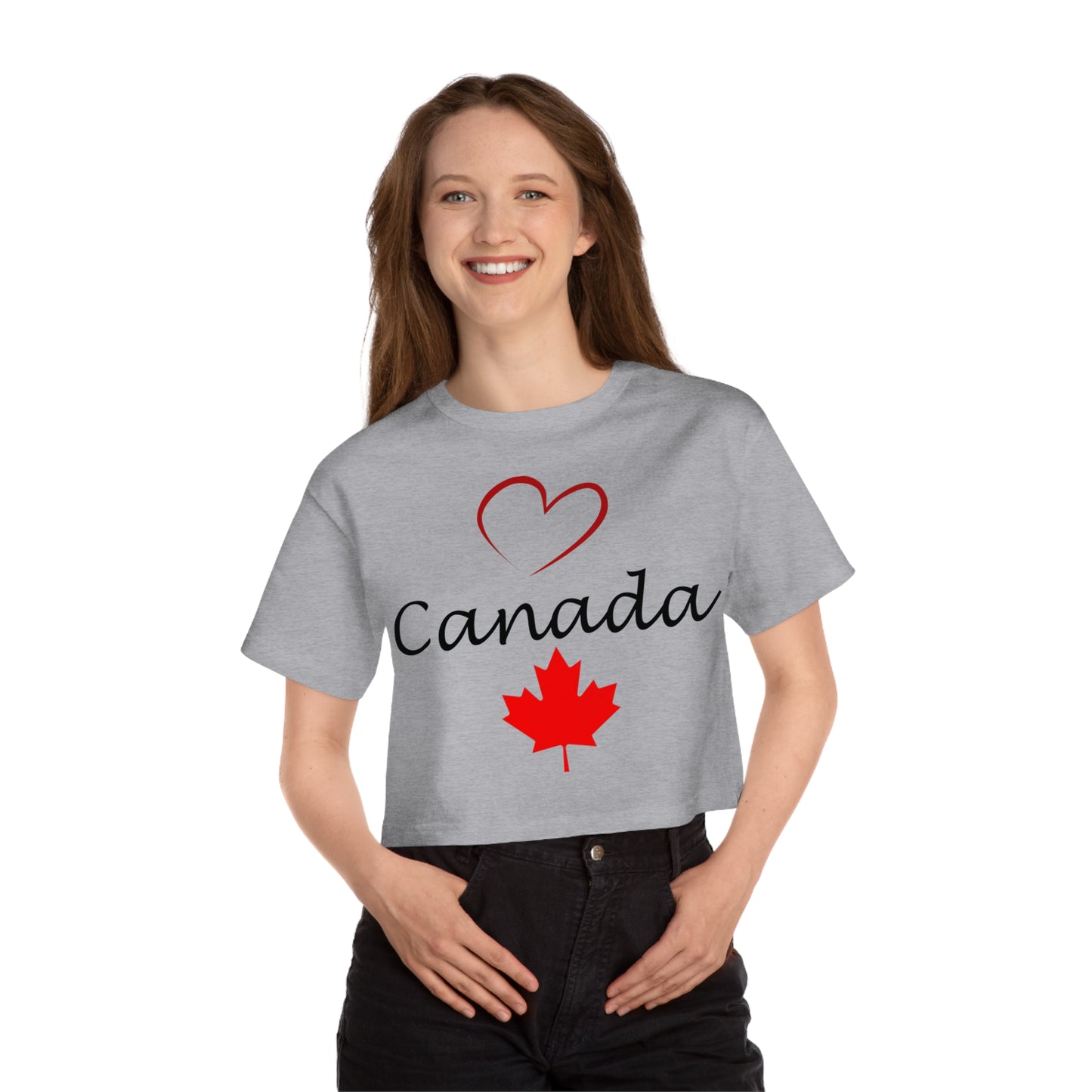 Champion Women's Heritage Cropped T-Shirt with Love Canada Design, with Red Heart, Canada, and Red Maple Leaf