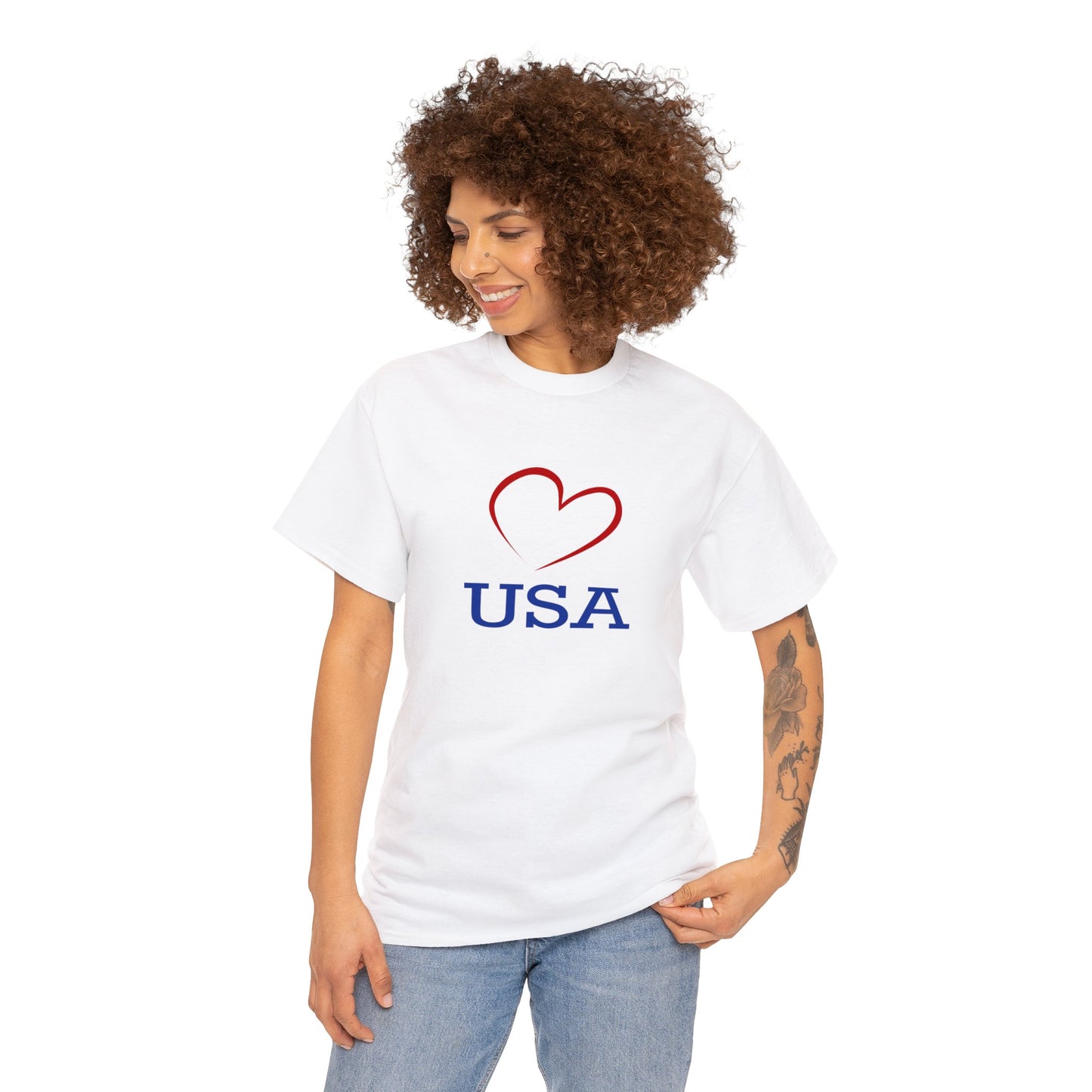 Unisex Heavy Cotton Tee with Red Heart and I Love USA Design