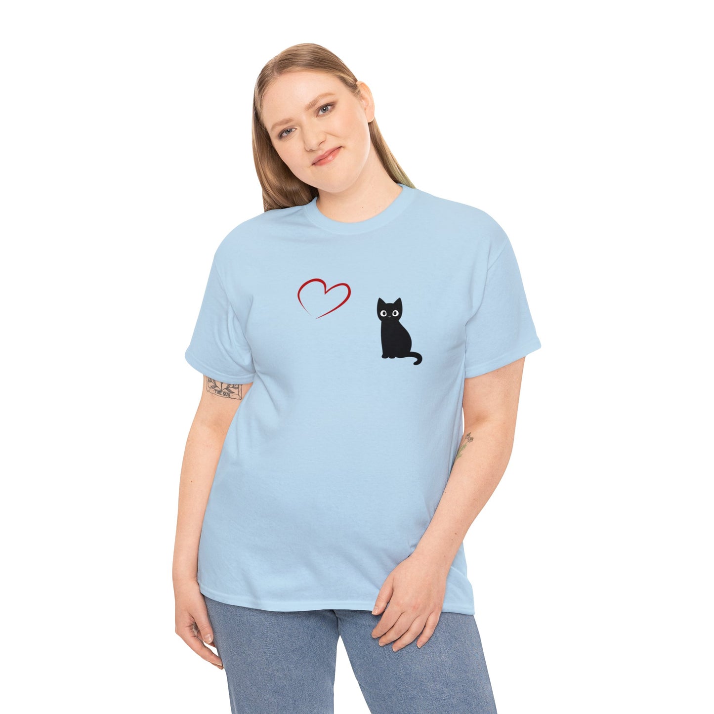 Adult Size Black Cartoon Cat with Red Heart Design, Unisex Heavy Cotton Tee