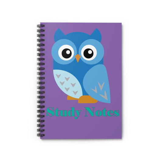 Spiral Notebook - Ruled Line - Blue Owl Design Study Notes on Purple Background