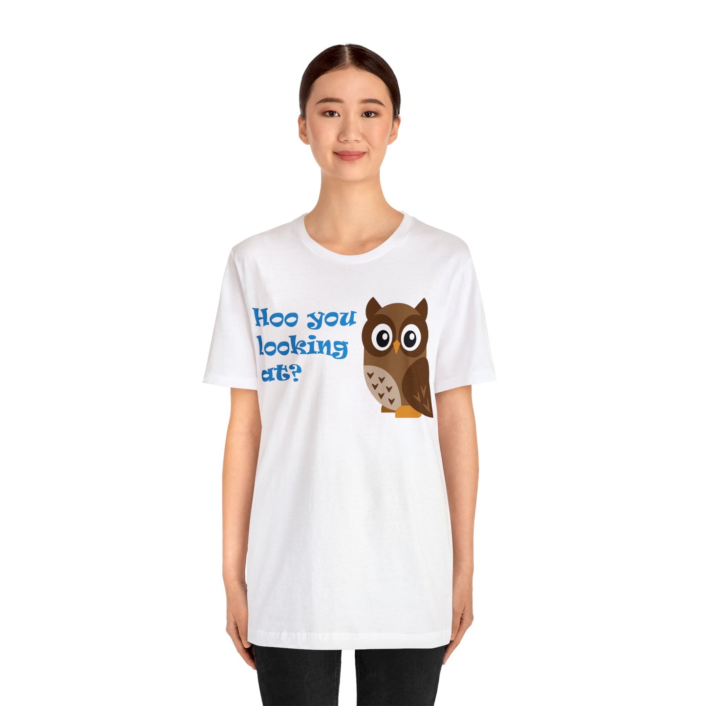 Adult Size Unisex Jersey Short Sleeve Tee with Cute Cartoon Owl saying "Hoo you looking at?"