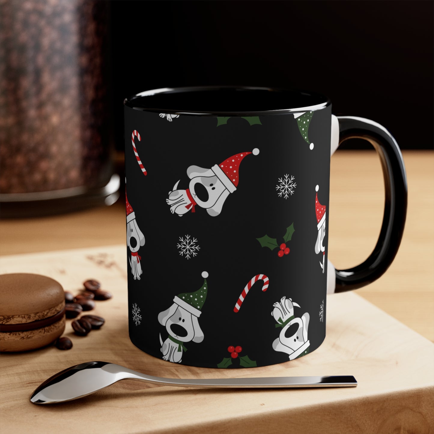 Christmas Coffee Mug with Fun Dog Design, Santa Hat, Candy Canes and Snow Flakes, 11oz