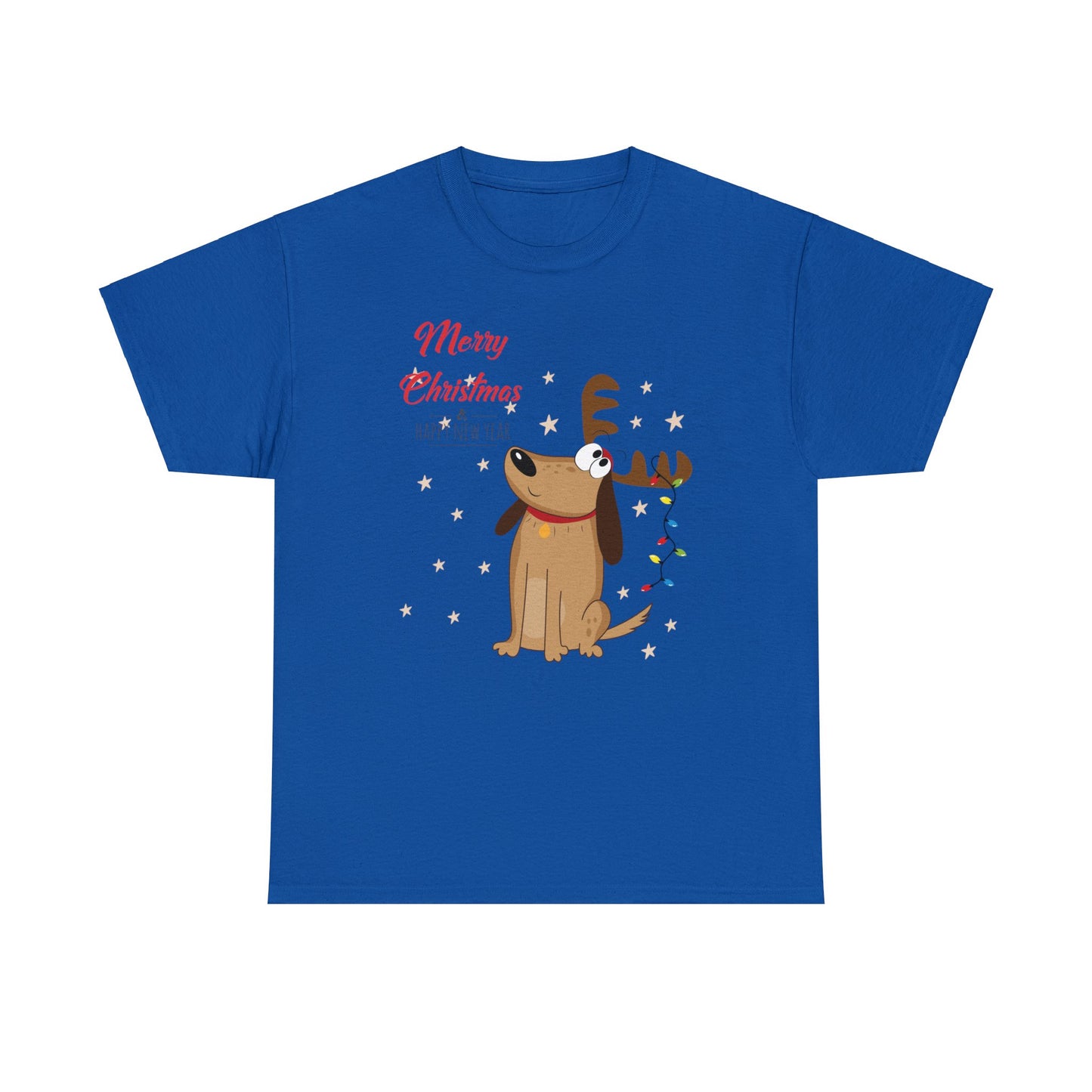 Adult Size Fun Holiday Dog Reindeer saying "Merry Christmas & Happy New Year" with Holiday Lights and Snowflakes, Unisex Heavy Cotton Tee