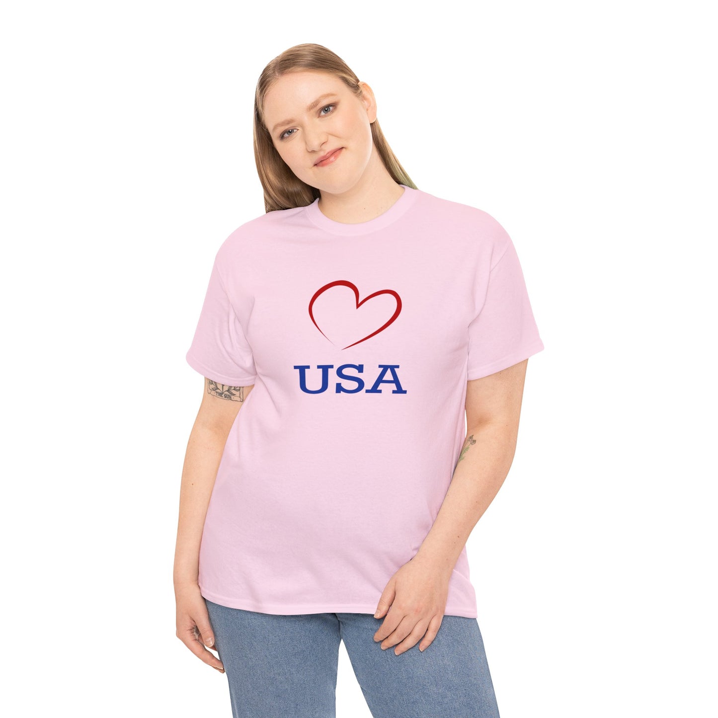 Unisex Heavy Cotton Tee with Red Heart and I Love USA Design