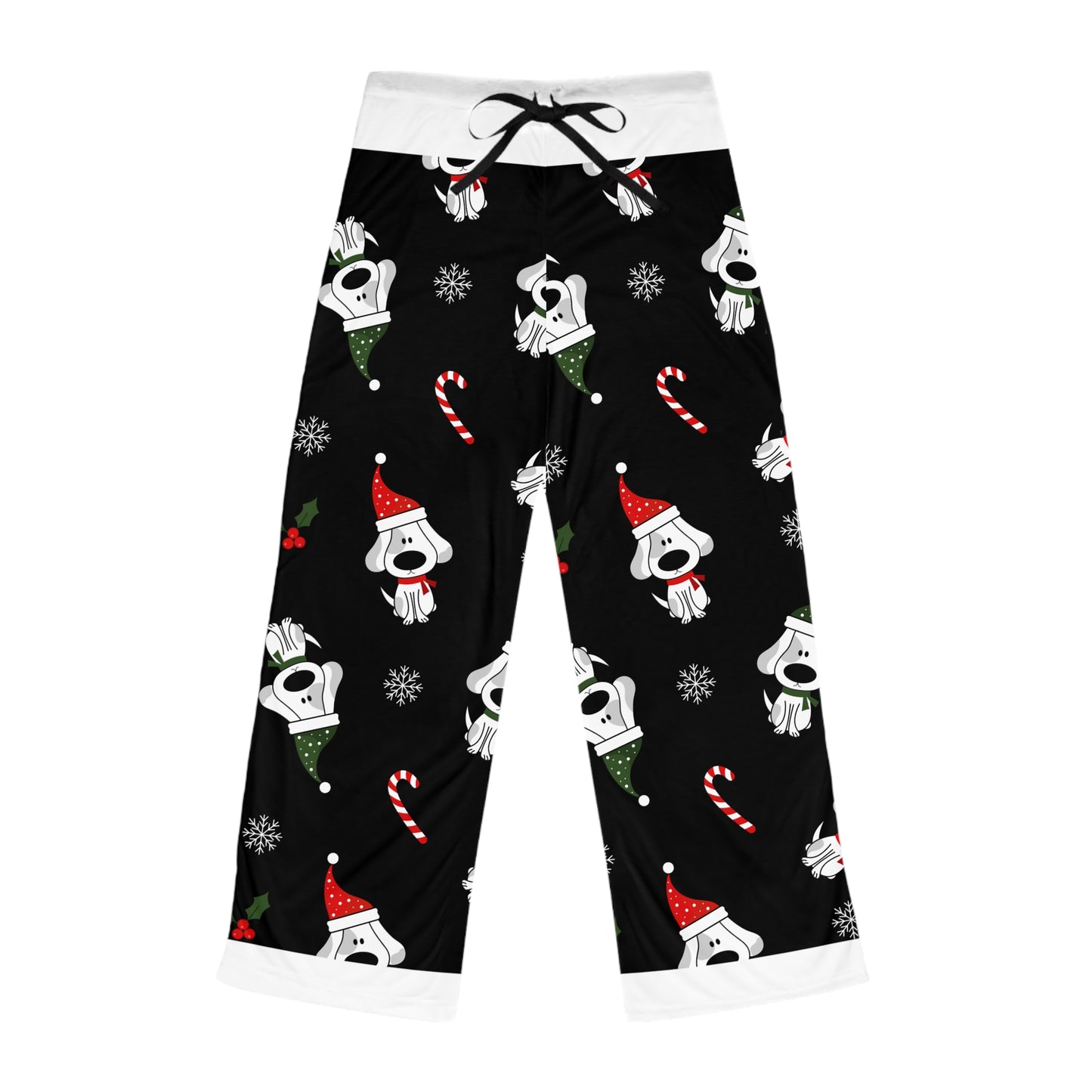 Women's Pajama Pants, Fun Christmas Dog Design with Santa Hat, Candy Canes and Snow Flakes