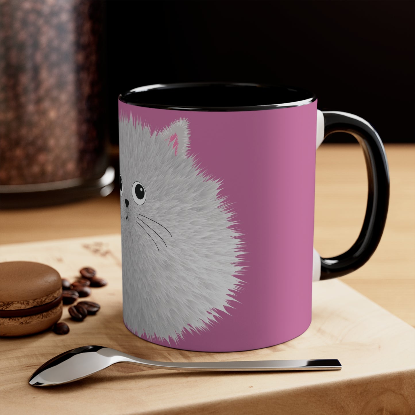 Coffee Mug with Cute Fluffy White Cartoon Cat Design, 11oz