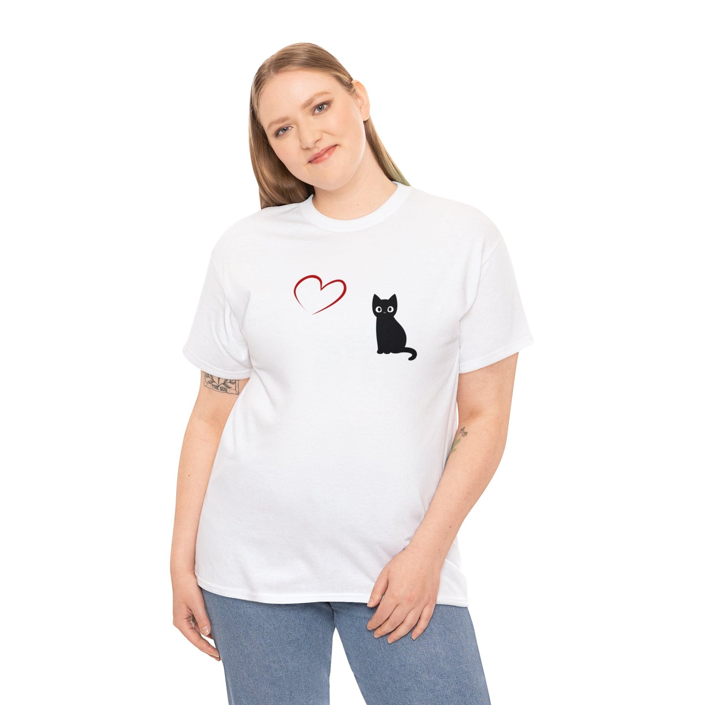 Adult Size Black Cartoon Cat with Red Heart Design, Unisex Heavy Cotton Tee