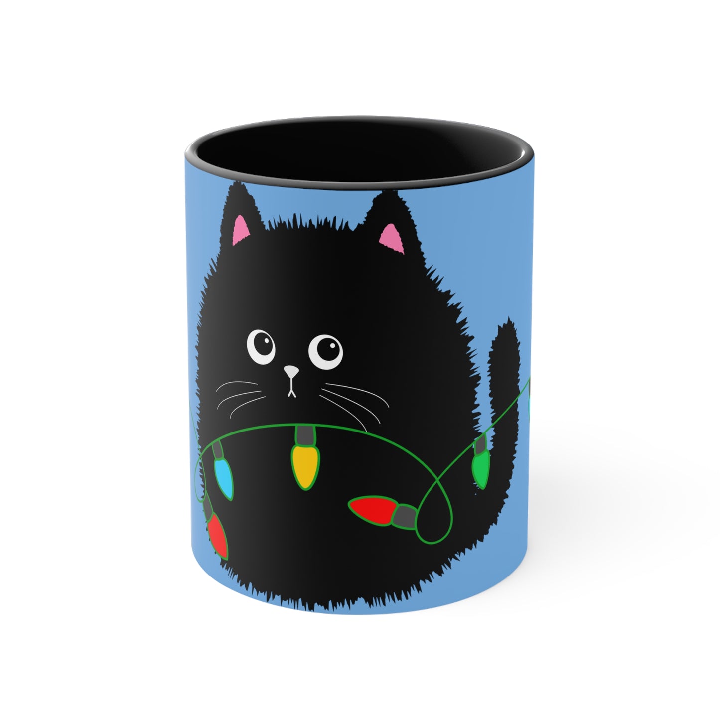 Adorable Cartoon Black Fluffy Cat with Christmas Lights Accent Coffee Mug, 11oz