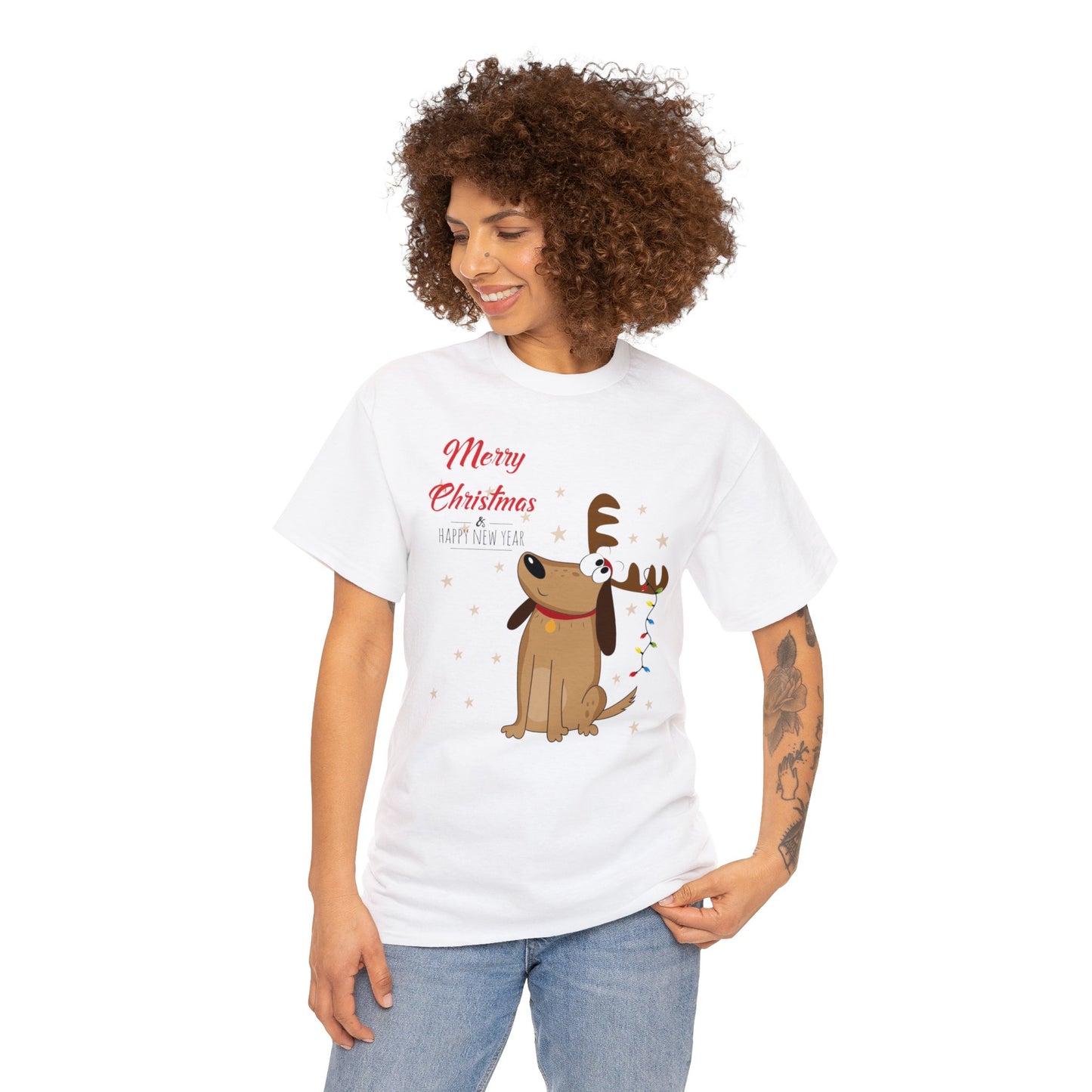 Adult Size Fun Holiday Dog Reindeer saying "Merry Christmas & Happy New Year" with Holiday Lights and Snowflakes, Unisex Heavy Cotton Tee