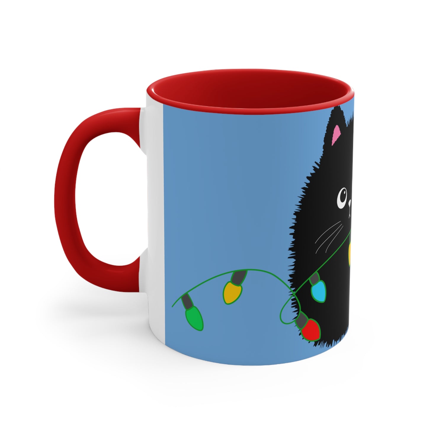 Adorable Cartoon Black Fluffy Cat with Christmas Lights Accent Coffee Mug, 11oz