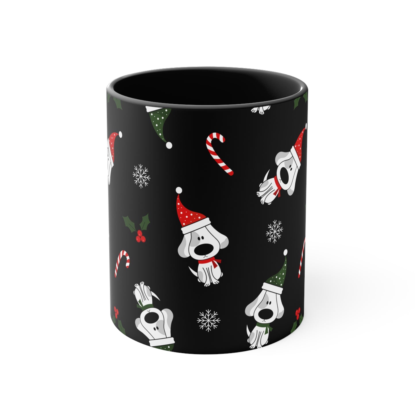 Christmas Coffee Mug with Fun Dog Design, Santa Hat, Candy Canes and Snow Flakes, 11oz