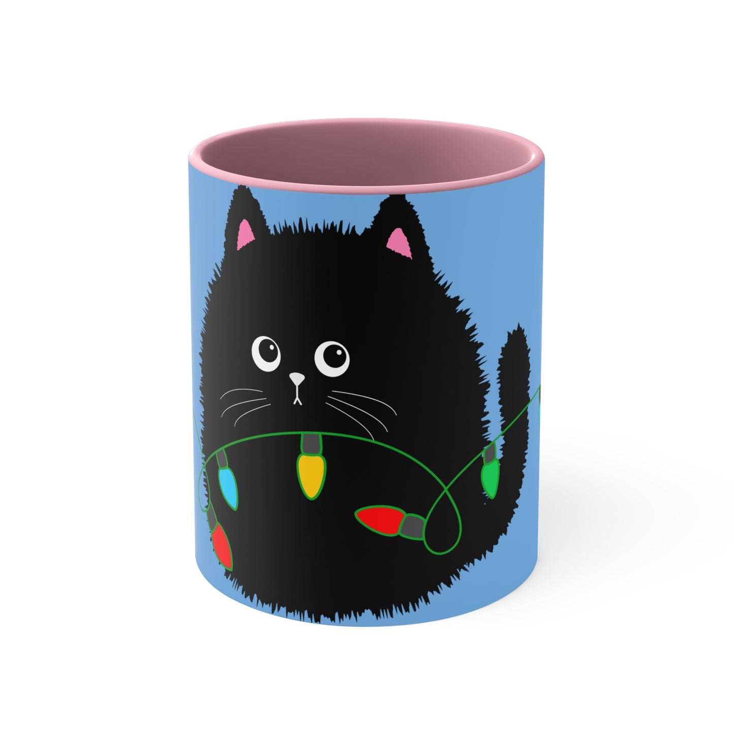 Adorable Cartoon Black Fluffy Cat with Christmas Lights Accent Coffee Mug, 11oz